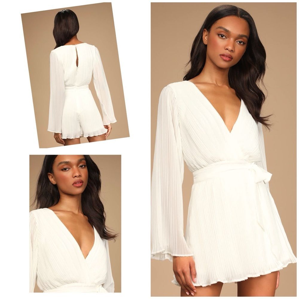 Lulus Embrace Your Beauty Romper Ivory Pleated Long Sleeve Skort Size S NWT